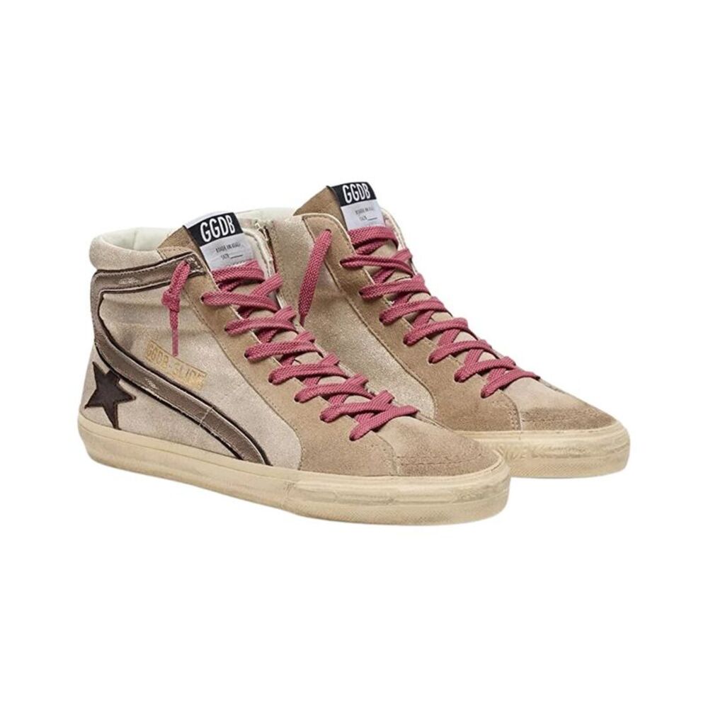 Golden Goose Slide Shimmer Leather & Suede High-Top Slide Sneaker, Beige